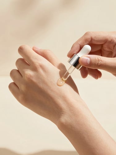 Hands gently applying a premium botanical serum onto clean skin, soft diffused natural light, warm sand tones, macro shot, 35mm