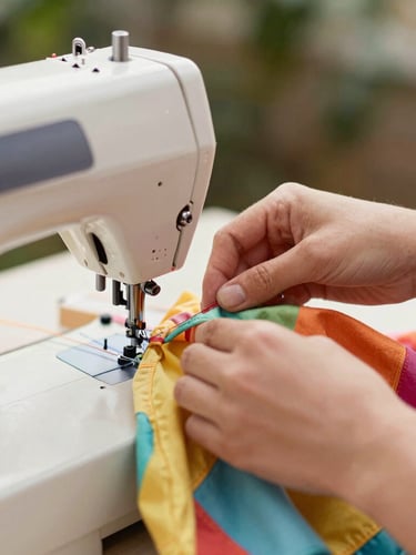 A portrait image of hands carefully sewing a colorful pet garment on a vintage sewing machine, natural daylight, focus on the intricate stitching and soft fabric, warm organic tones, shallow depth of field, 35mm lens.