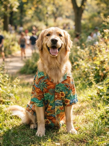 Perro feliz usando una camisa playera vibrante, colores sienna y verde, en un parque soleado, con enfoque en el ajuste cómodo de la prenda y su expresión alegre.