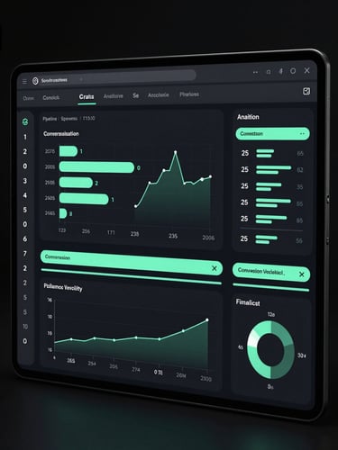 A dark, high-fidelity UI/UX wireframe of an analytics dashboard with crisp mint-green accents showing conversion metrics and pipeline velocity under dramatic studio lighting.