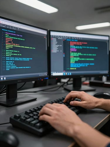 Close-up wide shot of an engineer's hands on a mechanical keyboard at a terminal, multiple monitors showing deployment logs and pipeline status in cool fluorescent overhead light, dark desk environment, high contrast, tight crop on hands and screens