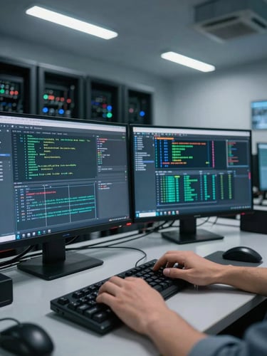 Tight wide-angle shot of an engineer's hands resting on a mechanical keyboard at a terminal, multiple monitors behind showing deployment dashboards and log streams, cool fluorescent overhead lighting casting precise shadows, dark server rack visible in background out of focus
