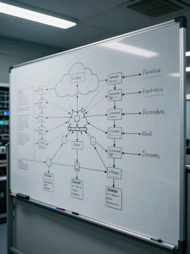 Wide shot of a cloud architecture diagram covering a large whiteboard in a dimly lit server lab, dense node-and-arrow topology sketched in marker, cool fluorescent overhead lighting casting hard shadows on the board surface, no people visible, tight crop on the diagram filling the frame edge to edge