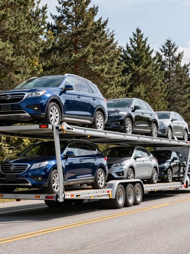 A modern multi-car transport trailer carrying polished vehicles on a scenic highway with Minnesota pine trees in the background, bright natural daylight, sharp focus.