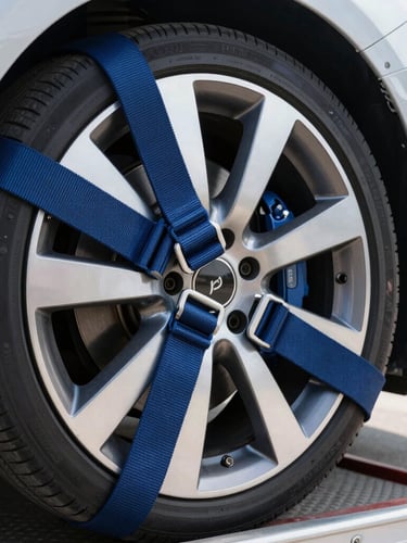 Close-up of heavy-duty secure tie-down straps on a polished car wheel inside a clean transport trailer, sharp focus, crisp light