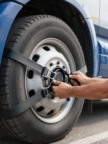 Close-up of a professional transport driver securing a vehicle wheel with heavy-duty tie-down straps, sharp focus, clean daylight