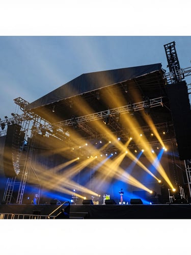 Low-angle wide shot of a massive aluminum concert stage truss system, sharp gold and blue stage lights cutting through atmospheric haze, professional event production setup, 35mm cinematic