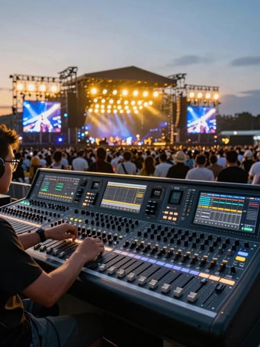 Wide-angle dramatic event photography, a professional sound engineer operating a high-end digital mixing console at a massive outdoor concert, golden-hour twilight lighting, sharp focus on faders, background illuminated by vibrant gold and navy stage lights.