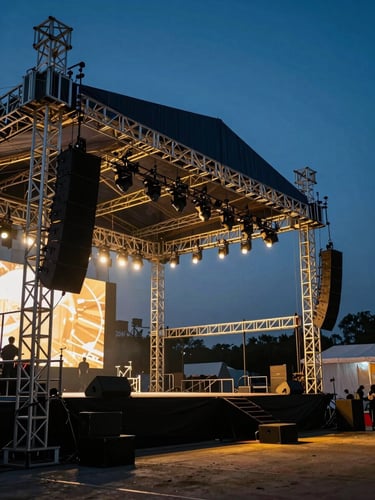 Wide environmental dramatic event photography of a massive aluminum stage truss structure at dusk, high-end line array speakers hanging, high-contrast concert lighting, deep shadows, 35mm