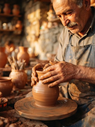 Close-up portrait of an elderly Armenian potter in Yerevan, warm golden-hour side-light illuminating clay-covered hands molding a terracotta vase, shallow depth of field