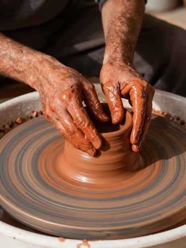 Close-up of vibrant terracotta clay being shaped on a potter's wheel by an artisan, warm studio lighting, rich earthy colors, authentic Armenian pottery workshop.