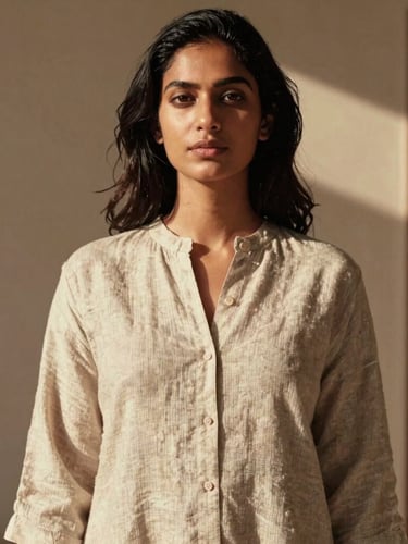 High-fashion editorial portrait of a South Asian woman in a modern linen-blend tunic, warm natural sunlight, soft directional shadows, 35mm film aesthetic
