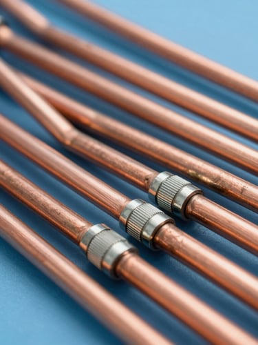 Close-up of neatly routed parallel copper piping with clean silver solder joints, bright work lights, sharp focus, 35mm.