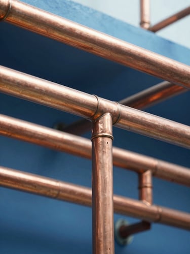 Medium close-up of immaculate copper piping routed with clean parallel lines, bright natural light, crisp industrial blue and copper tones, 35mm