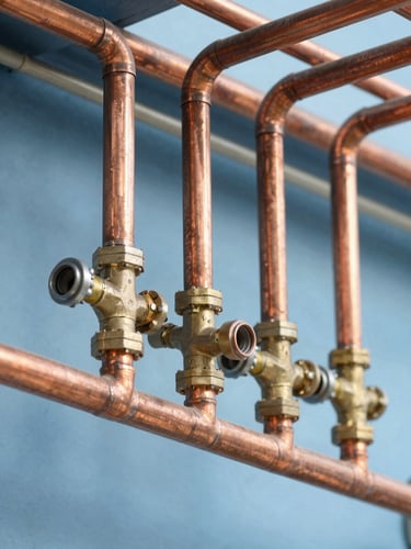 A close-up of immaculate parallel copper piping with clean solder joints and brass valves under bright work lights, 35mm