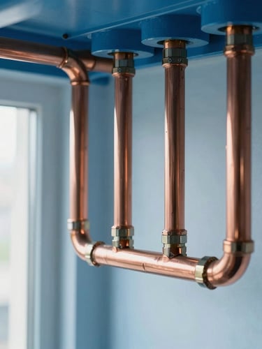 Medium close-up of immaculate, neatly routed copper piping with clean solder joints in a bright residential mechanical room, crisp industrial blue tones, natural daylight, sharp focus, 35mm.