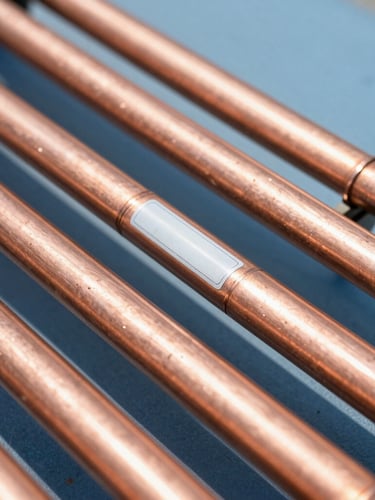 Bright close-up of immaculate parallel copper pipes with clean solder joints and clear labels, bright daylight, 35mm photography