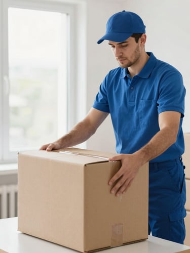 Professional moving crew member in a clean blue uniform neatly packing a structured cardboard box in a bright, sunlit room, 35mm photography