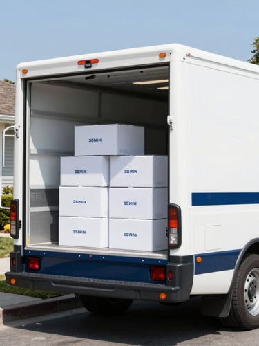 Bright editorial photography of a clean white and navy moving truck parked on a sunlit residential street, immaculate branded boxes neatly stacked inside, crisp daylight, 35mm