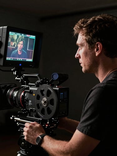 High-contrast behind-the-scenes set photo of a director looking at a physical 35mm camera monitor, dramatic low-key lighting, harsh set-light spill.