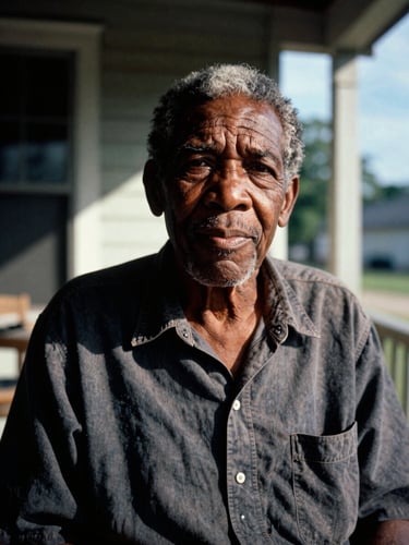 A portrait of an elderly blues musician on a dimly lit Mississippi porch, harsh natural sunlight cutting across his weathered face, deep shadows, captured on grainy 35mm film.