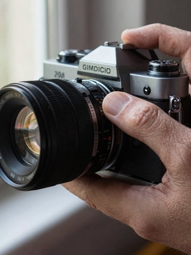 Tight macro shot of a weathered hand adjusting the focus ring of a physical 16mm camera lens, natural window light highlighting dust and skin texture.