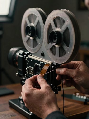 Extreme close-up of a director's hands threading raw 16mm film stock into an analog camera, low-key dramatic lighting with harsh set-light spills, high-contrast shadows.