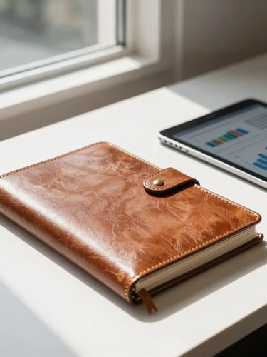 Professional editorial photography of a modern Indian office desk, sunlight streaming through a window, a classic leather ledger book next to a modern tablet displaying financial charts, shallow depth of field, 35mm