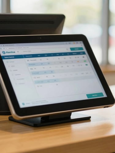 Close-up of a modern retail checkout desk in Kerala with a tablet displaying a clean financial dashboard, warm natural window light, shallow depth of field