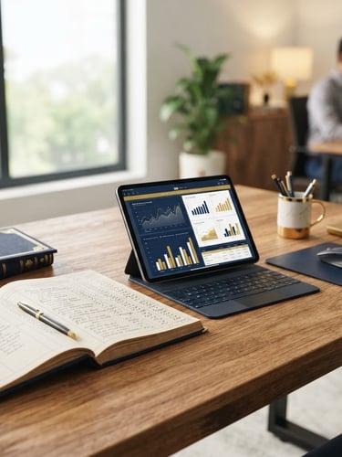 Professional editorial photography of a modern, organized Indian business space, bright natural window light, deep navy and warm gold accents, close-up of a clean wooden desk with a ledger and a digital tablet displaying financial charts, shallow depth of field, 35mm