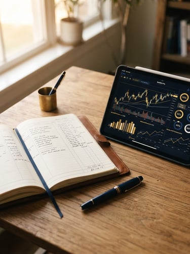 Professional close-up of a neat ledger book and a digital tablet showing financial charts on a wooden desk, warm gold light, 35mm