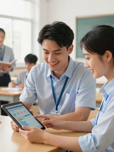 Two Agenda Educativa support staff members, a man and a woman, smiling and collaborating with a school principal in a bright, modern school office, looking at a tablet displaying the app interface, authentic school environment, warm editorial photography, bright natural daylight, soft clean tones, shallow depth of field, 35mm