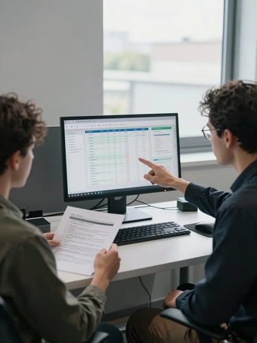 Wide shot from left edge of frame: two people at adjacent desks in a controlled-light studio office, one pointing at a monitor showing an analytics dashboard with visible ranking charts, the other reviewing printed page audit notes. Clean ambient daylight from a large window at the back. Matte surfaces, no clutter. Framed to bleed off the left canvas edge.