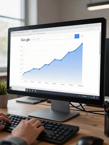Close-up medium shot of a desktop monitor displaying a Google Search Console performance graph with a clear upward organic click trend over twelve months, a hand resting near the keyboard in the foreground, bright ambient office daylight from a window to the left, the screen sharp and the background workspace softly resolved