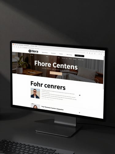 Wide shot from slightly above, a large monitor on a dark matte desk displaying a clean multi-section website at full viewport scale — hero section visible with clear typographic hierarchy, controlled studio lighting from the left casting a soft directional shadow, dark background with off-white text legible on screen, keyboard edge visible at bottom frame
