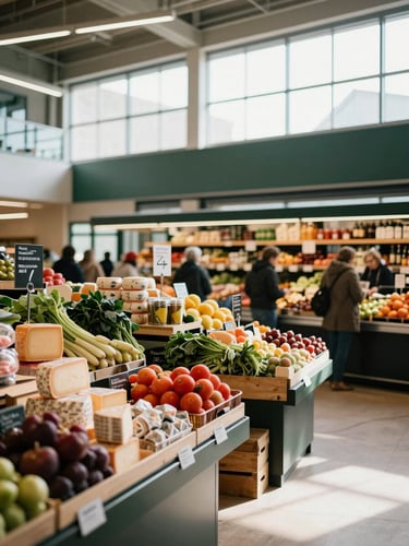A vibrant modern food market hall filled with natural light, colorful produce stalls, artisanal cheese displays, and people browsing in the background, warm editorial photography, 35mm.