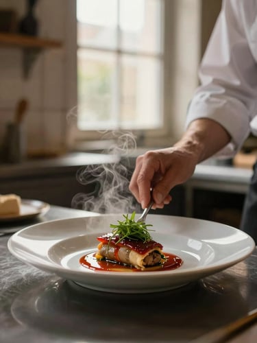 Candid close-up of a chef plating a dish in a warm, window-lit kitchen, steam rising, shallow depth of field, 35mm style.