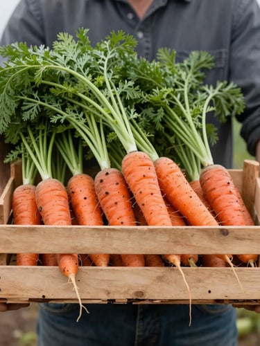 Candid medium-wide shot of a farmer holding a wooden crate of freshly harvested heirloom carrots, soft overcast daylight, rich soil textures, 35mm photography.