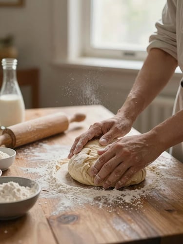 A rustic wooden table with baking ingredients, flour dusted in the air, hands kneading sourdough bread dough, warm window light, shallow depth of field