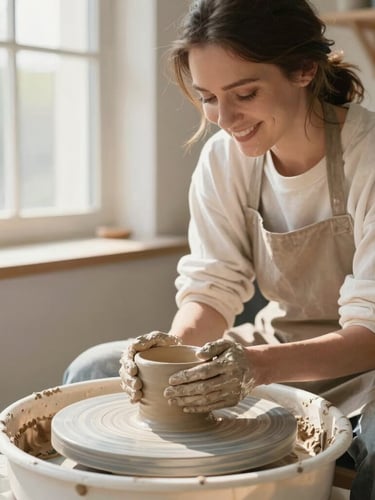 A smiling local female ceramicist in her sunlit studio, hands covered in clay, standing next to a pottery wheel, warm natural daylight, 35mm photograph