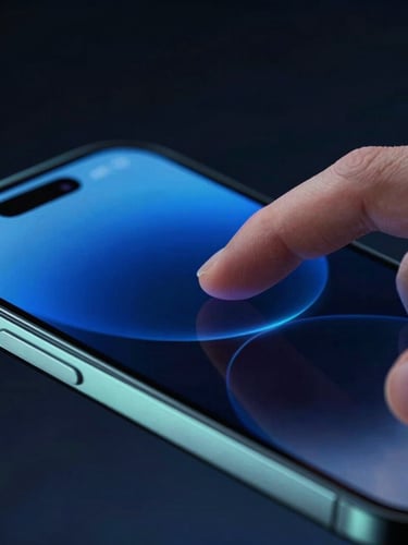 Sleek product photography of a hand interacting with a dark-slate mobile screen, vibrant neon blue light reflecting off glass, macro lens, shallow depth of field
