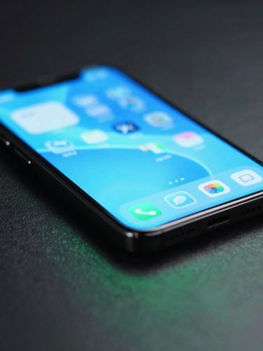 Macro shot of a high-end smartphone screen displaying a fluid, glowing neon-blue interface, shallow depth of field, dark slate background with subtle mint green reflections.