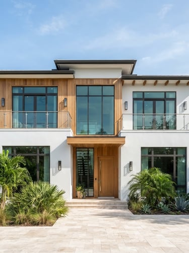 Straight-on architectural elevation of a modern coastal home in Tampa, white stucco and warm oak accents, bright natural daylight, crisp shadows, editorial photography