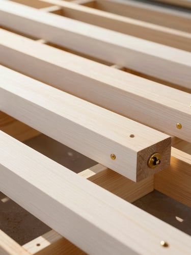 Close-up of raw premium construction materials, solid oak timber framing and brass hardware details, soft natural golden hour lighting