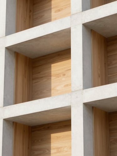 Close-up architectural detail of premium raw materials, white concrete framing paired with natural oak panels under soft golden hour sun, high-contrast shadows