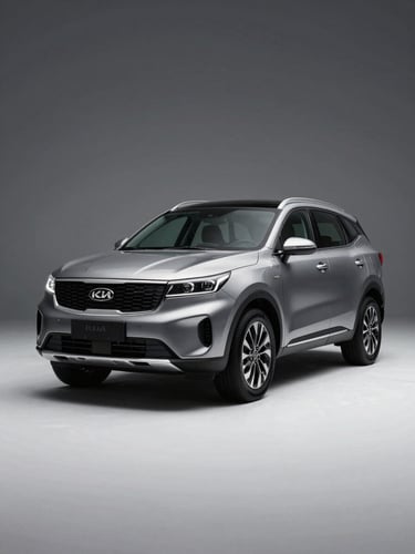Wide studio shot of a KIA SUV in three-quarter front view on a seamless white floor, dramatic overhead strobe lighting casting a precise shadow beneath the vehicle, high-contrast, automotive precision framing, no people, no background detail