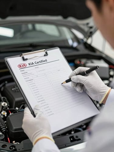 Close-up of a KIA-certified technician's gloved hands reviewing a vehicle inspection checklist on a clipboard inside a bright service bay, instrument panel visible in background, clinical overhead lighting
