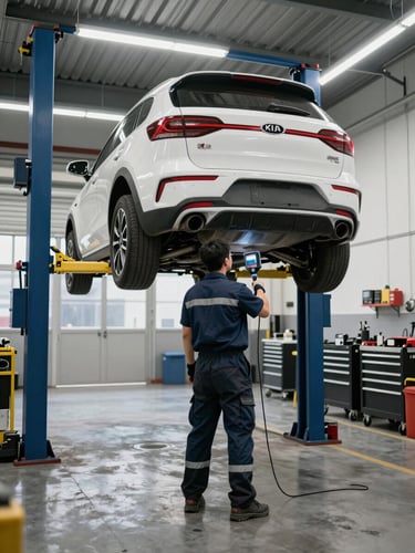 Wide workshop bay interior, KIA vehicle on a hydraulic lift, technician in uniform performing underbody diagnostic with a calibration scanner, bright overhead fluorescent lighting, clean concrete floor with tool carts organized to the right side, no people facing camera
