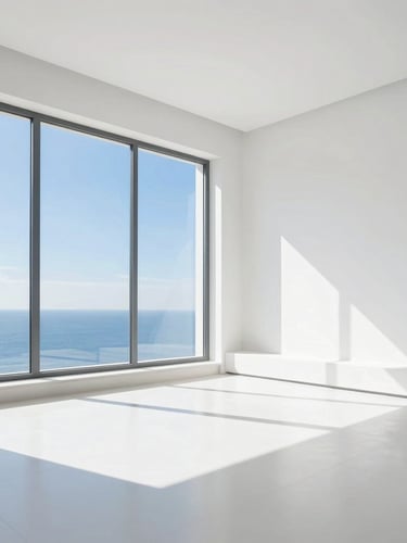 Bright high-key interior photography, crisp natural daylight, clean white and blue tones, sharp focus, architectural style of a modern minimalist living room with pristine surfaces reflecting light