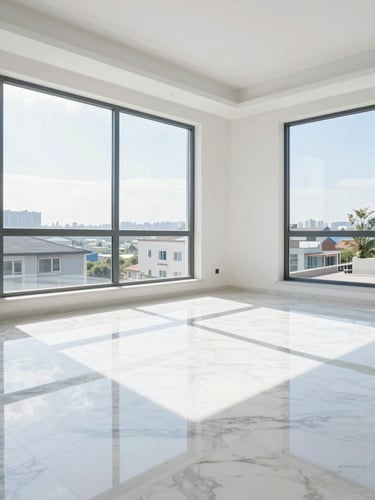 Bright high-key interior photography of a modern living room with pristine marble floors reflecting natural daylight from large windows, sharp focus, architectural style